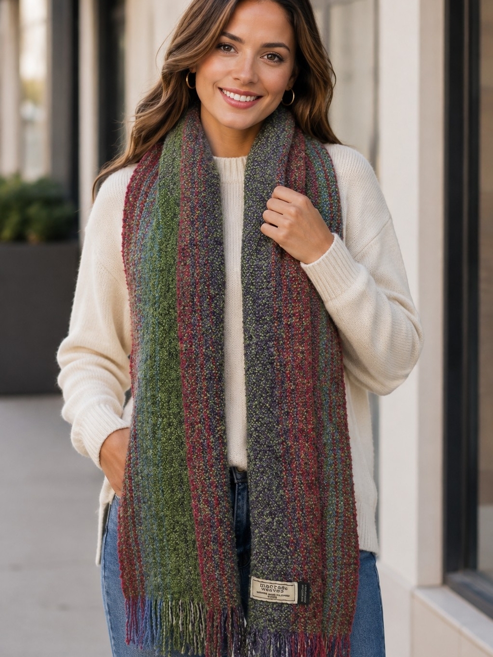 Mucros Wavers Irish Wool Blend Scarf W/fringe 9"x61" Olive Green/purple/burgundy